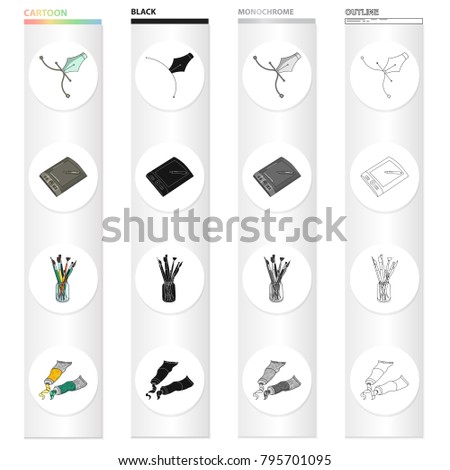 A poster pen, an artist's graphic tablet, paint brushes, artistic paint. Artist and drawing set collection icons in cartoon black monochrome outline style vector symbol stock illustration web.