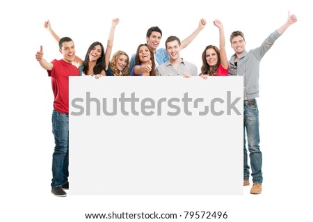 Happy joyful large group of friends displaying white placard for your text isolated on white background