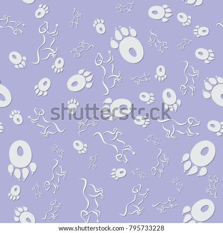 Seamless pattern with prints of dog s paws, a dog s outline. Vector.