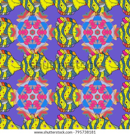 Seamless Fish pattern.Fishes on violet, yellow and blue. Vector illustration. Handdrawn.