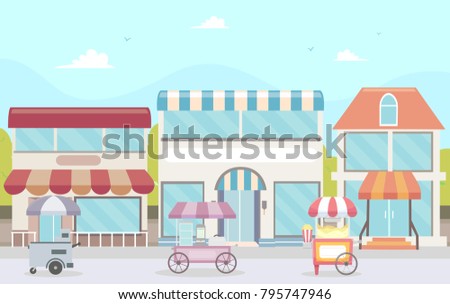 Illustration of a City Street with Shops and Food Carts Selling Popcorn, Ice cream and other Food