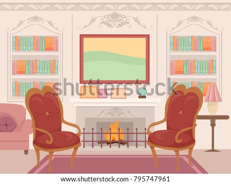 Illustration of a Living Room Interior with Chairs, Fireplace and Bookcase in Victorian Decor
