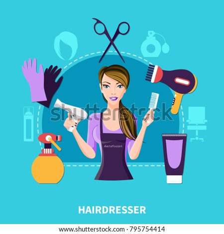 Hairdresser flat colored composition with stylist and her work tools and uniform vector illustration