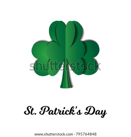 Saint Patrick's Day Card with Clover and Text. Vector Illustration. Trendy Paper Cut Style. Beautiful Holiday Greeting Decorative Design.