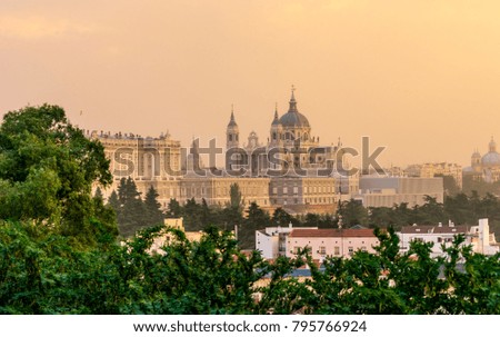 Madrid skyline and almudena church at sunset,Spain