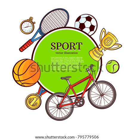 Vector sketch sport symbols icon pattern poster. Detailed bicycle, mountain bike, first place gold medal, golden cup, trophy, stopwatch, football, basketball, tennis ball racquet isolated illustration