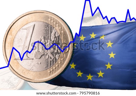 Euro coin, closeup of a euro coin with a stock market chart and a European flag
