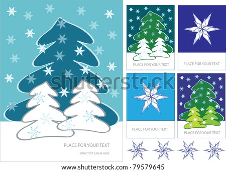 funny vector page layout with christmas tree, snow flakes and place for your text, color computer graphic design with hand drawn symbols
