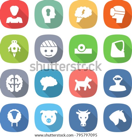 flat vector icon set - woman vector, bulb head, brain, virtual mask, jet robot, bandaged, reflector, broken hand, dog, vr helmet, sheep, pig, cow, horse