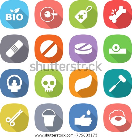 flat vector icon set - bio vector, cell corection, medical label, broken bone, patch, pill, head reflector, tomography, skull, liver, doctors hammer, surgical clamp, bucket, hand drop, soap