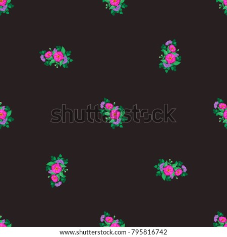 Seamless gorgeous bright pattern in small garden flowers of zinnia. Millefleur. Floral background for textile, wallpaper, covers, surface, print, gift wrap, scrapbooking, decoupage.