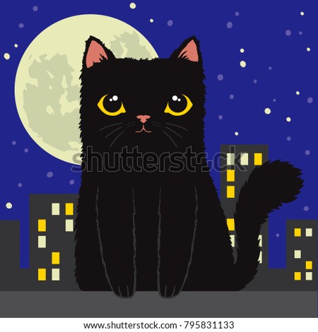 Cartoon black cat silhouetted by the moon with the city in the background. Vector Illustration.
