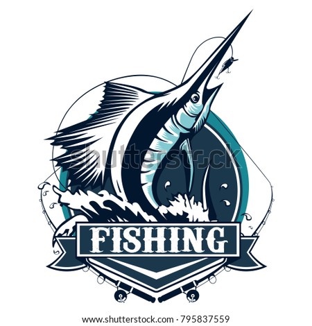 Marlin fish logo.Sword fishing emblem for sport club. Angry fish background theme llustration.