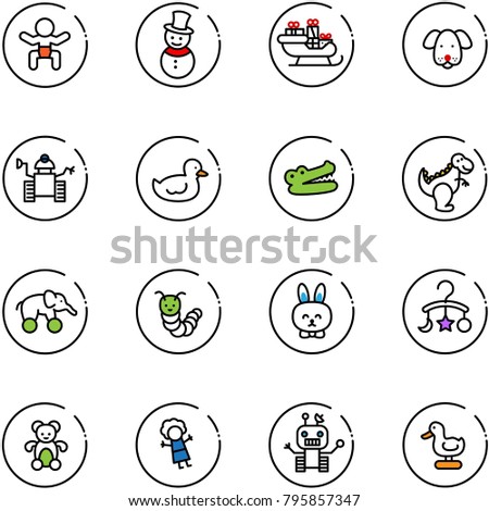 line vector icon set - baby vector, snowman, santa sleigh, dog, robot, duck toy, crocodile, dinosaur, elephant wheel, caterpillar, rabbit, carousel, bear, doll