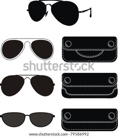 Vector illustration - set of fashionable classical and sport sunglasses, Black natural leather cases. Isolated, white background