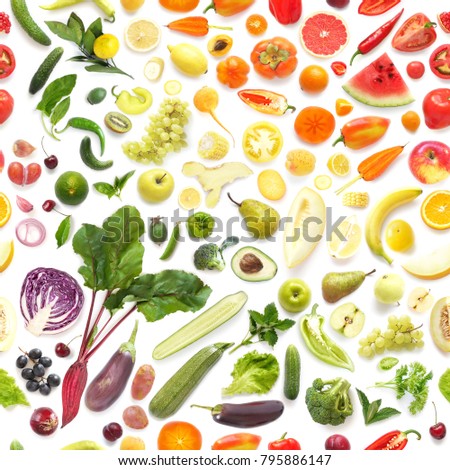  Seamless pattern of various fresh vegetables and fruits isolated on white background, top view, flat lay. Composition of food, concept of healthy eating. Food texture. Royalty-Free Stock Photo #795886147