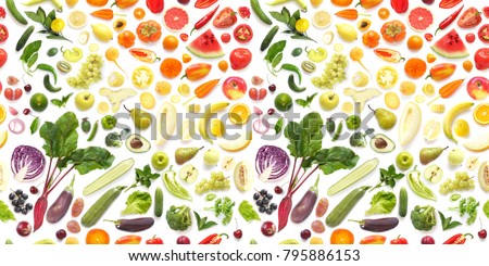  Seamless pattern of various fresh vegetables and fruits isolated on white background, top view, flat lay. Composition of food, concept of healthy eating. Food texture.