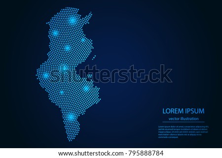 Abstract image Tunisia map from point blue and glowing stars on a dark background. vector illustration.