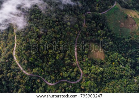 Green scenery nature aerial view of deep mountain forest with classic road look down view