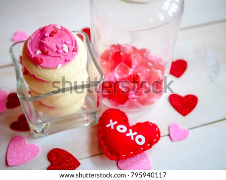 Selective focus image of valentines cookie on white table background,abstract background to valentine concept.
