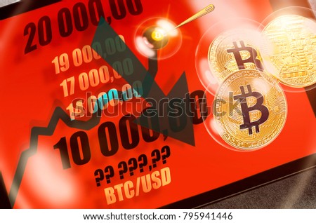 bitcoin cryptocurrency chart on tablet pc with arrow pointing down, recession; sharp falling stock market price (from $20000 to $10000 or less); concept of economic (financial, speculative) bubble. 