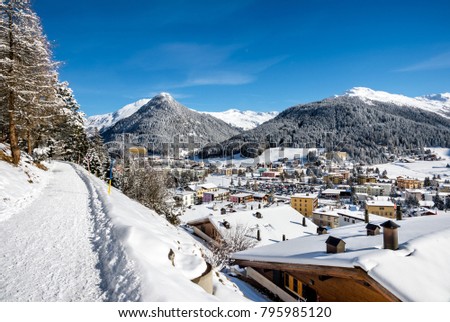 Panoramic pathway above  winter resort Davos, Switzerland.