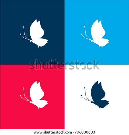 Butterfly silhouette side view facing left four color material and minimal icon logo set in red and blue