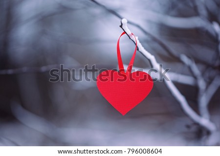 Red paper heart on hanging on a winter branch. Concept Valentines day