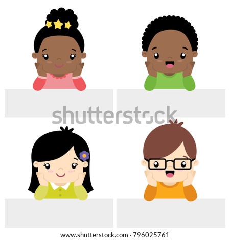 Cute Little Boys and Girls Kawaii Style With Banner Set Flat Vector Illustration Isolated on White