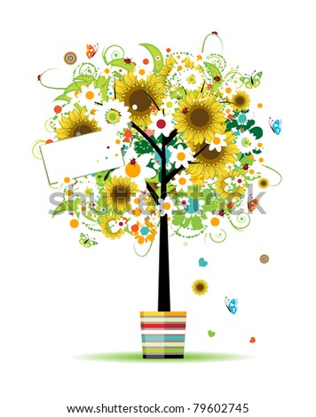 Summer tree in the pot with card for your design