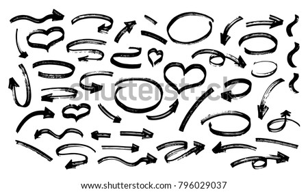 Grungy vector arrows and bubbles. Grunge textured comic signs. Black marker on white board. Handdrawn arrows and bubbles. Abstract doodles for presentations and infographic. Heart text bubble clipart