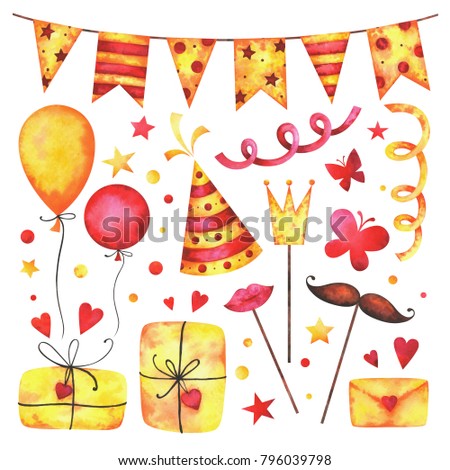 Watercolor Happy birthday party clip art set. Hand painted hearts, gift boxes, festive garlands, air balloons, butterflies, hat cone, confetti, props, stars, letter isolated on white background