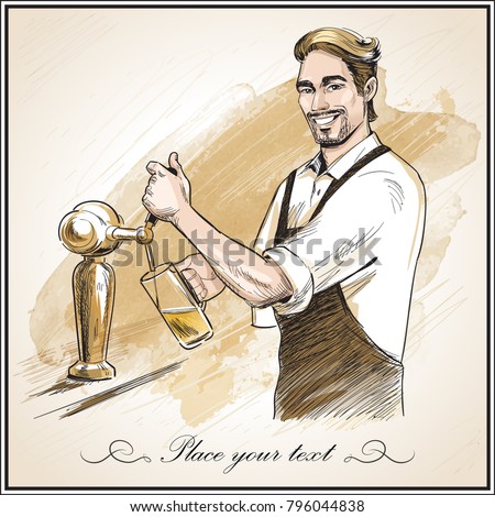 Smiling bartender pouring beer.  Hand drawn vector illustration on artistic watercolor background.
