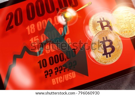 bitcoin cryptocurrency chart on tablet pc with arrow pointing down, recession; sharp falling stock market price (from $20000 to $10000 or less); concept of economic (financial, speculative) bubble