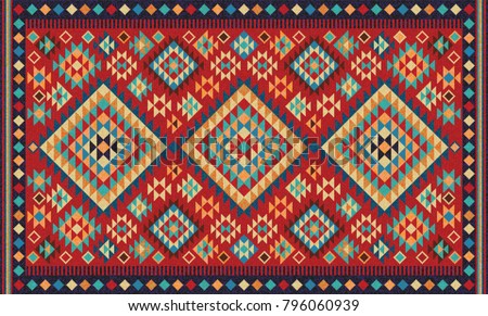 Colorful mosaic oriental kilim rug with traditional folk geometric ornament. Patterned carpet with a border frame. Vector 10 EPS illustration. Royalty-Free Stock Photo #796060939