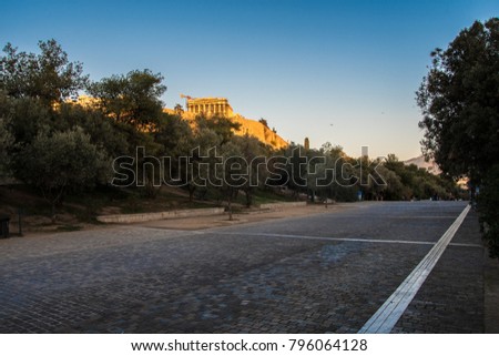 View of Acropolis from Dionysiou Aeropagitou street in Athens Greece Royalty-Free Stock Photo #796064128