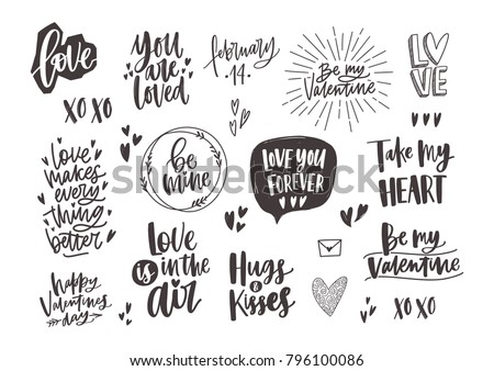 Bundle of trendy monochrome Valentine's day letterings with various phrases, quotes and wishes decorated by hearts hand drawn in black and white colors, design elements. Holiday vector illustration.