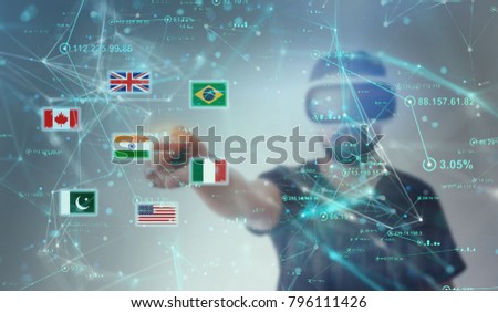 Young Guy in black t shirt looking through VR (Virtual Reality) glasses - Pointing Finger on screen Indian Flag