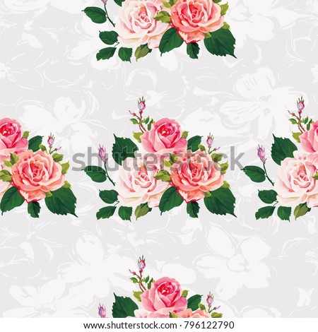 Seamless floral pattern with roses on green leaves Vector Illustration