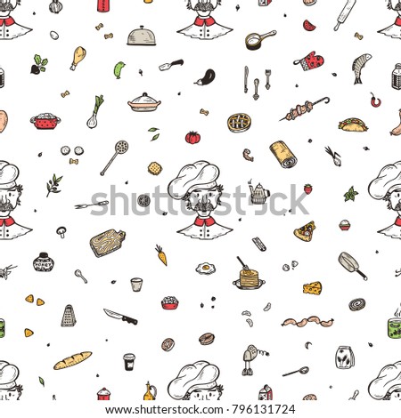 Food background with a chef. Vector Seamless pattern with Hand drawn doodle Chef, Food and Kitchen utensils. Food preparation