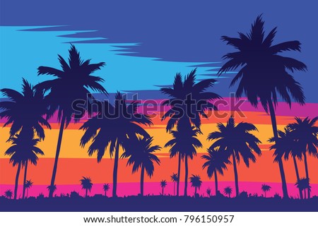 Evening on the beach with palm trees. An evening on the beach with palm trees. Colorful picture for rest. Blue palm trees at sunset. Orange sunset in the blue sky. Palmeny island. Summer sunset agains