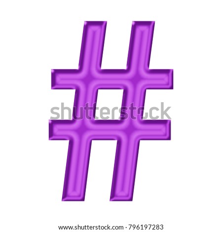 Shiny silk purple hashtag social media icon or pound sign symbol in a 3D illustration with a silky sheen shine style effect and classic font style isolated on a white background with clipping path.