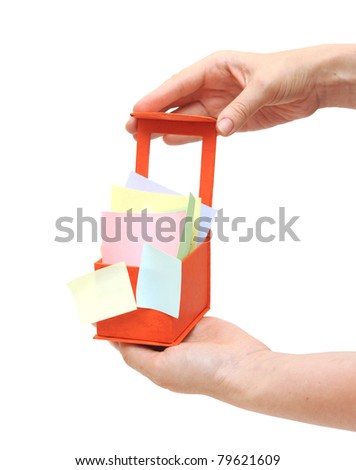 red box with color sticky notes on women hand isolated on white