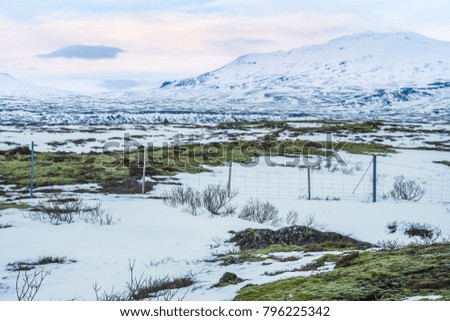 Beautiful View and winter Landscape picture in Thingvellir National park, Iceland in the winter, covered by snow. 