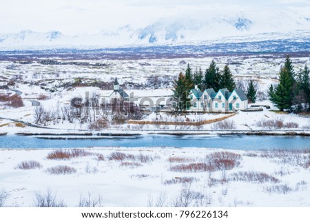 Beautiful View and winter Landscape picture in Thingvellir National park, Iceland in the winter, covered by snow. 