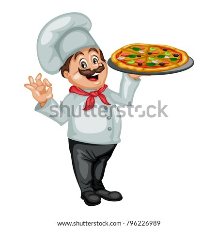 Cartoon Illustration of a Cheerful Chef. Cook Showing Ok Sign and Holding a Tray with Pizza Royalty-Free Stock Photo #796226989