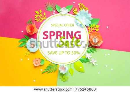 Spring sale banner template for social media advertising, invitation or poster design with paper art flowers background.