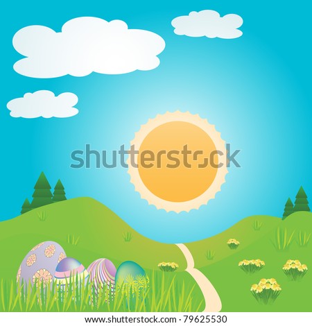 Easter eggs in a spring landscape with daffodils, trees, sun and clouds