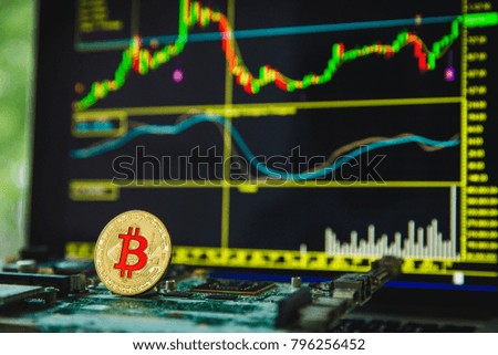 Financial growth concept with golden Bitcoins ladder on forex chart background