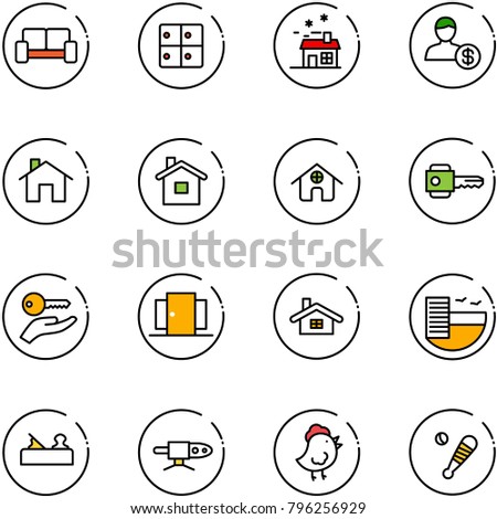 line vector icon set - vip waiting area vector, baggage room, house, account, home, key, hand, doors, hotel, jointer, pipe welding, chicken toy, baseball bat